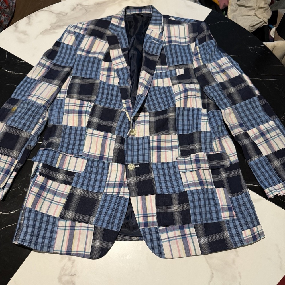 Mens Blazer Patchwork 2-button Front Mix Blue Plaids Madras Style Preppy Size 43